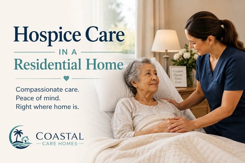 Healthcare provider comforting elderly patient in bed. Text reads Hospice Care in a Residential Home with Coastal Care Homes logo.