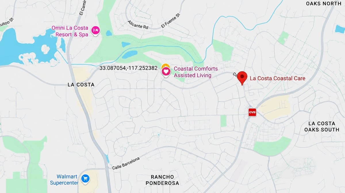 Map of La Costa area showing Oasis La Costa, Coastal Comforts Assisted Living, and La Costa Coastal Care locations with street labels and landmarks